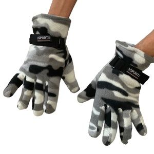 FREE with purchase: Sport black, grey, white fleece gloves with velcro at wrist.